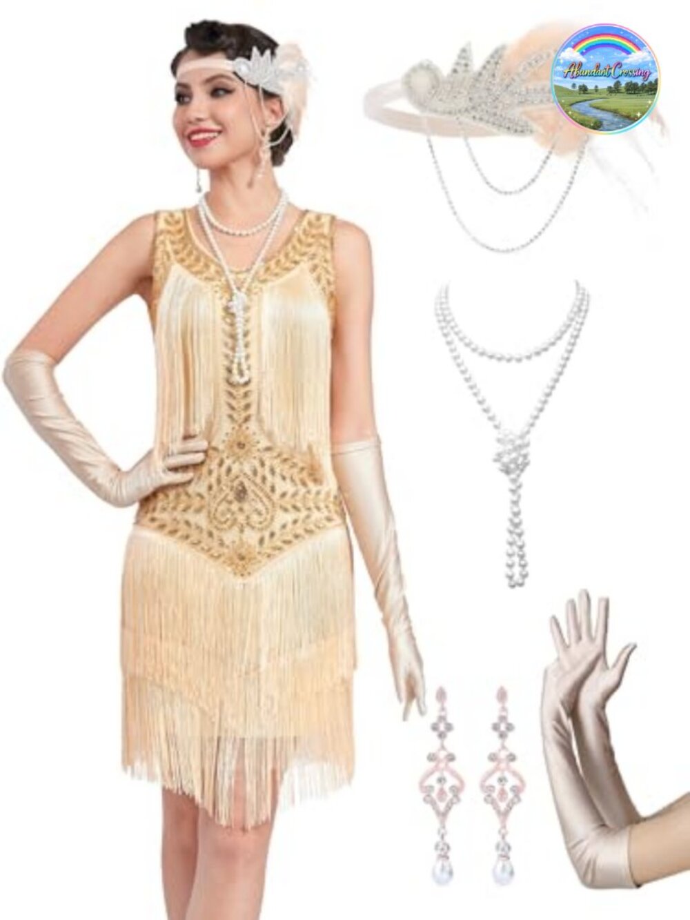 V-Neck Flapper Dress Great Gatsby Costume with Fringe & Accessories
